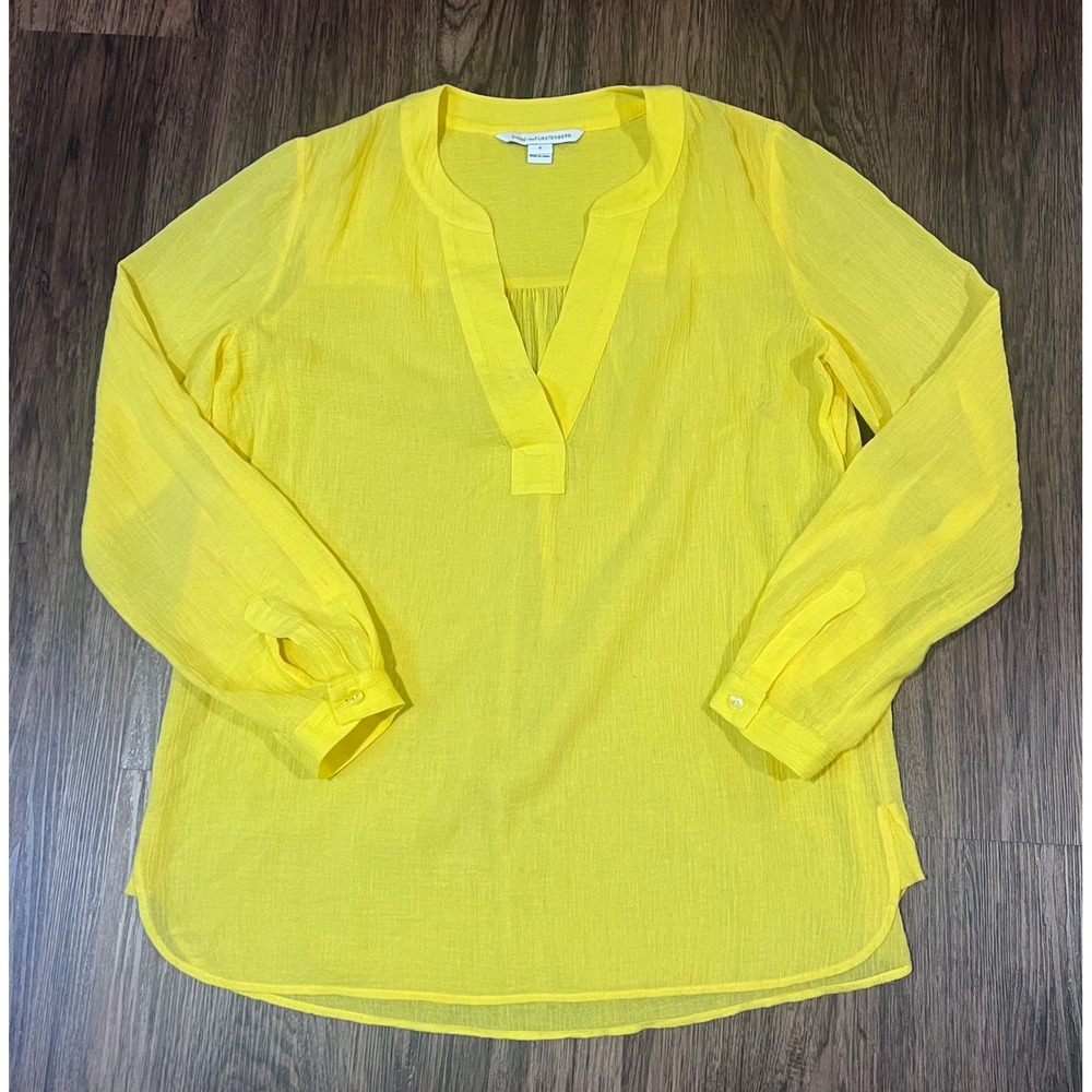 Diane von Furstenberg Yellow 100% Cotton Gauze Split Neck Blouse Top Size 6